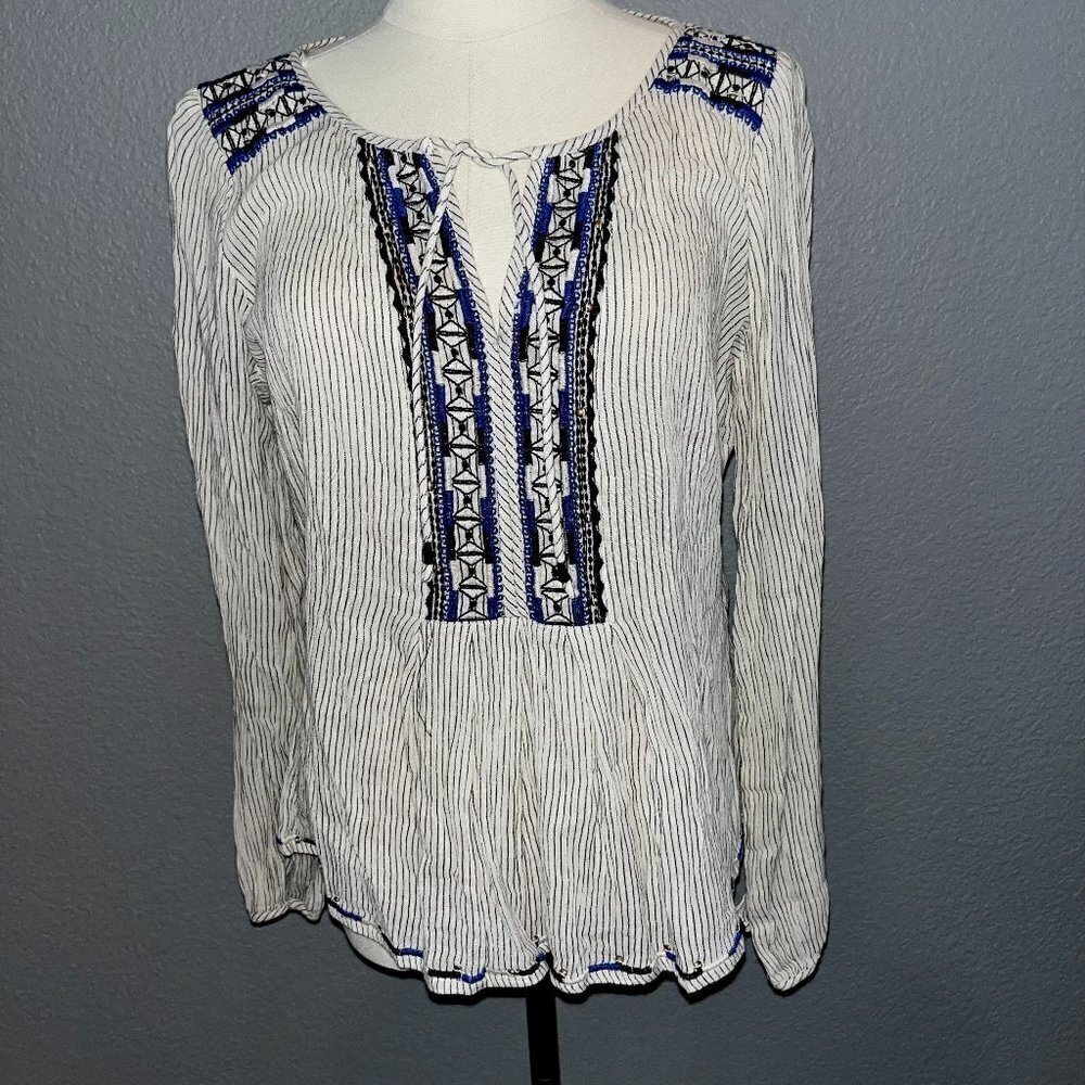 GRAIN DE MALICE Embroidered Peasant Blouse - Cream Blue Black - EUC -EU Size 38